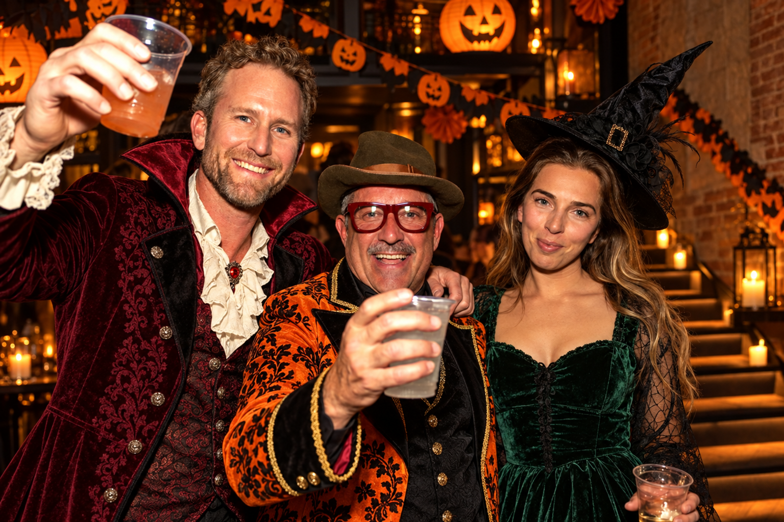 Costume inspiration featuring Woody as a vampire, Damon as a vintage showman and Shelby as a witch