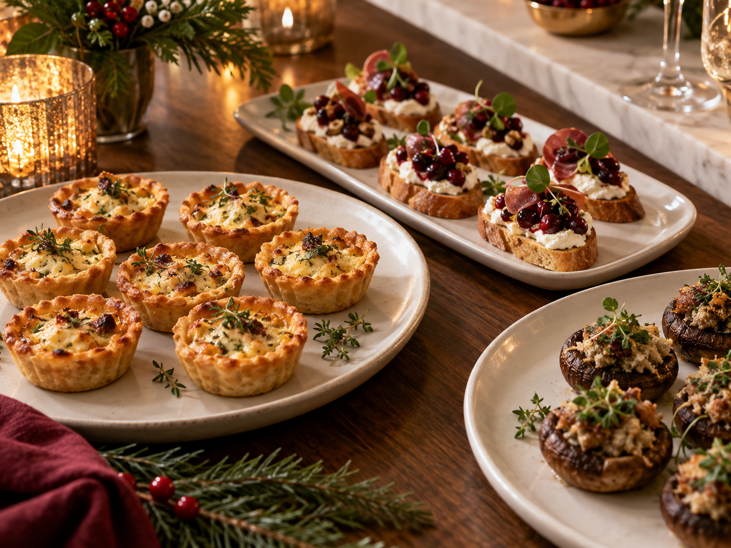 Illustrative seasonal small bites arranged on ivory platters
