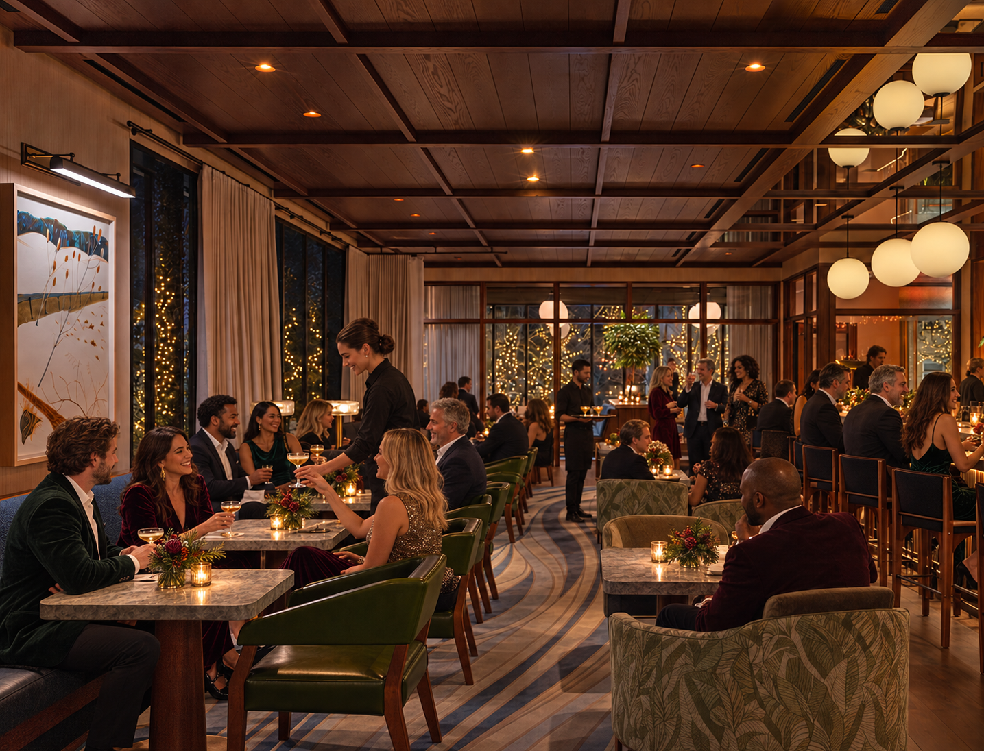 Illustrative scene of guests seated and mingling in The Eddy as two servers offer festive cocktails