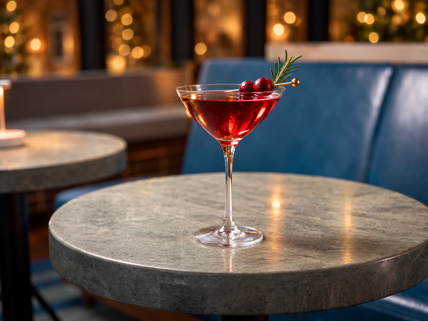 Illustrative ruby holiday cocktail in a stemmed glass