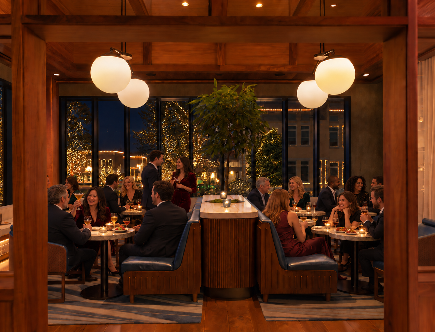 AI-edited concept visualization of guests in the Sun Room, with a dark evening exterior and glowing Christmas lights beyond the windows