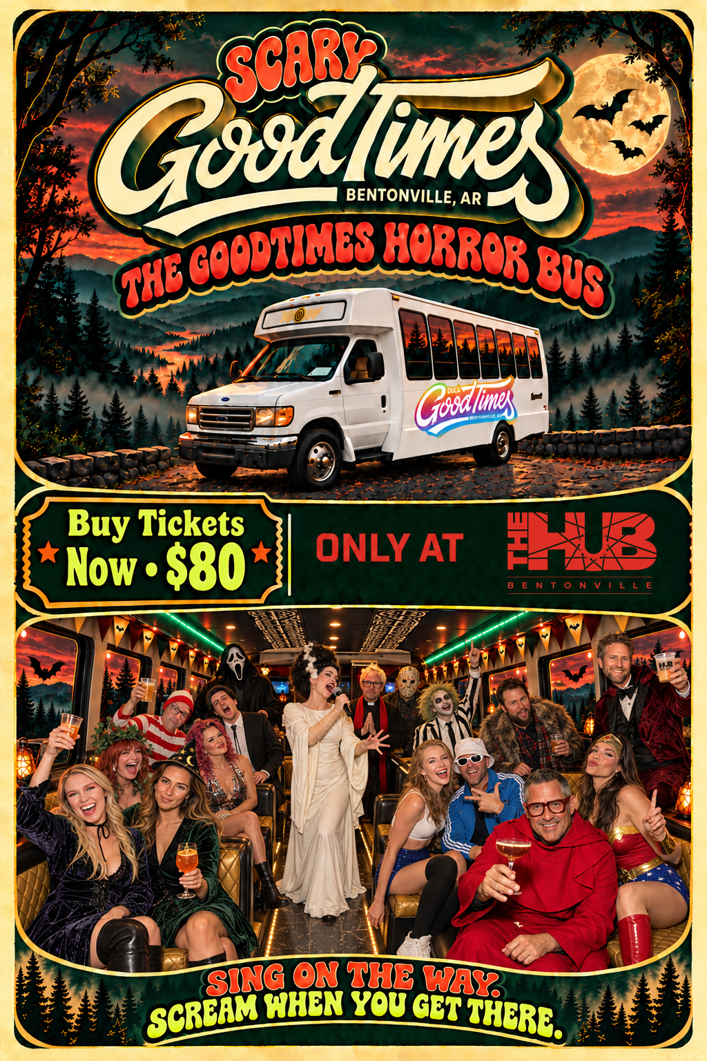 The complete Scary GoodTimes horror bus poster, featuring the white shuttle and costumed karaoke guests
